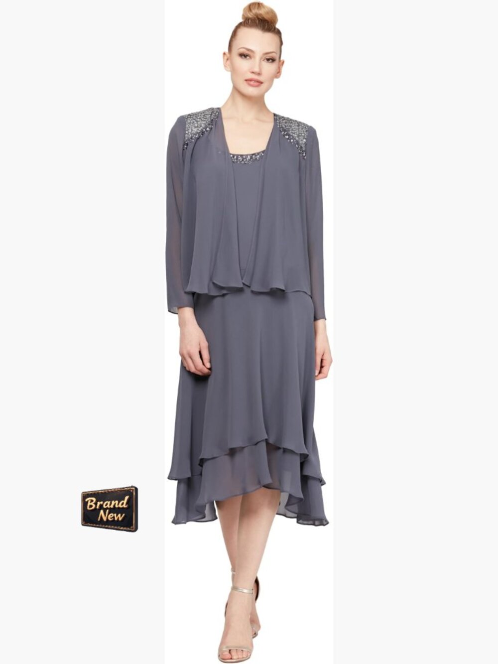 Mother of Bride Dress Two Piece Set Chiffon Beaded Jacket